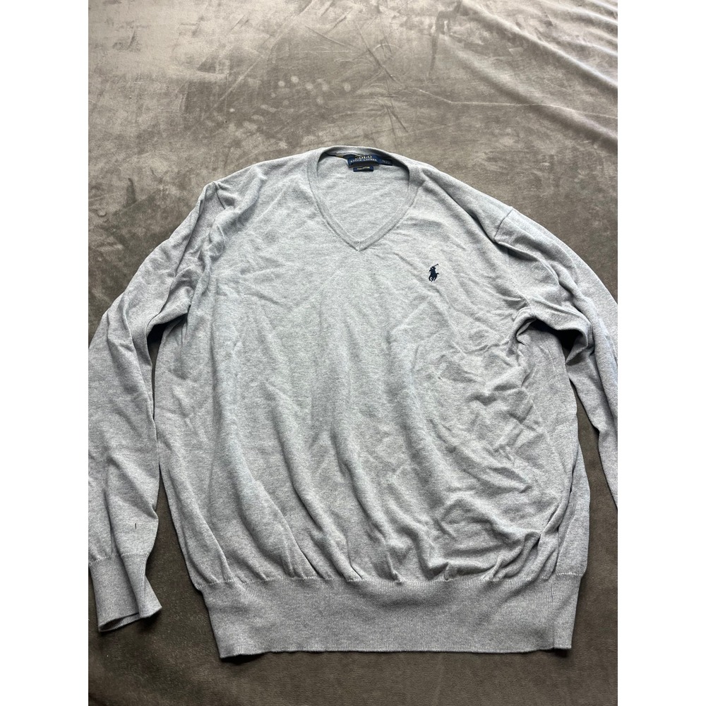 Polo Ralph Lauren Mens XL Pima Cotton V-Neck Sweater Heather Grey Navy Pony